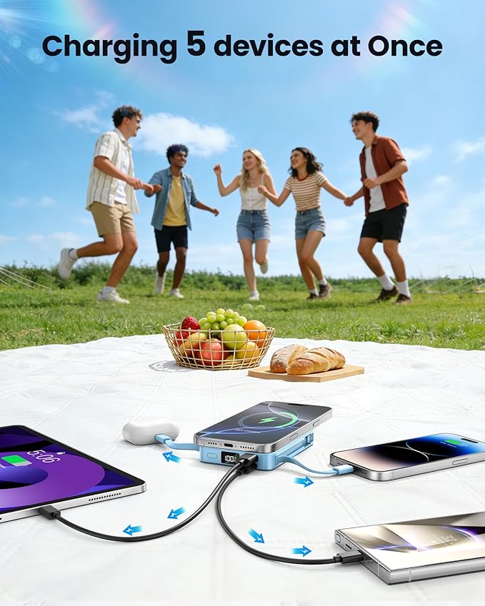 Magnetic Portable Charger, 22.5W Power Bank Fast Charging 10000mAh, Portable Charger with Built in Cable, for Magsafe Battery Pack Compatible with iPhone 17/16/15/14/13/12 Pro/Pro Max Sky Blue