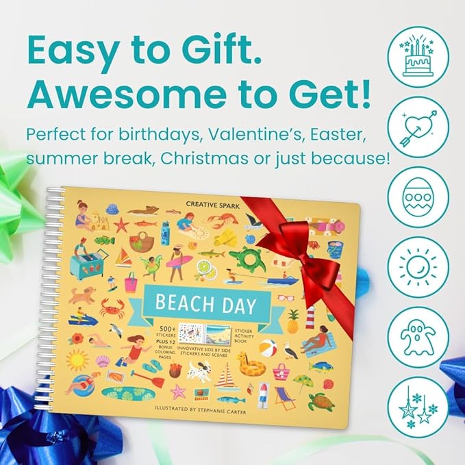 Beach Day 500+ Kids Sticker Book by Cupkin Fun Toddler Travel Activity Coloring and Sticker Book, Road Trip Essentials, 12 Coloring Pages 12 Side by Side Scenes for Ages 2–8 Years