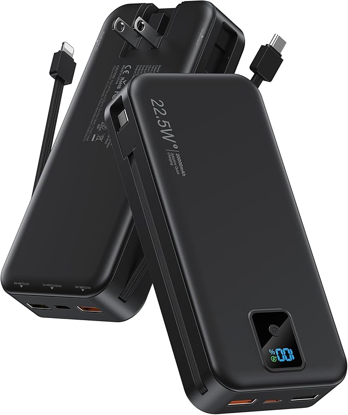 Portable Charger, 20000mAh 22.5W Fast Charging Power Bank with Built-in Cables & Wall Plug, Travel Essentials Battery Pack with LED Display, USB C External Battery Bank for iPhone iPad, Samsung Black