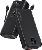 Portable Charger, 20000mAh 22.5W Fast Charging Power Bank with Built-in Cables & Wall Plug, Travel Essentials Battery Pack with LED Display, USB C External Battery Bank for iPhone iPad, Samsung Black