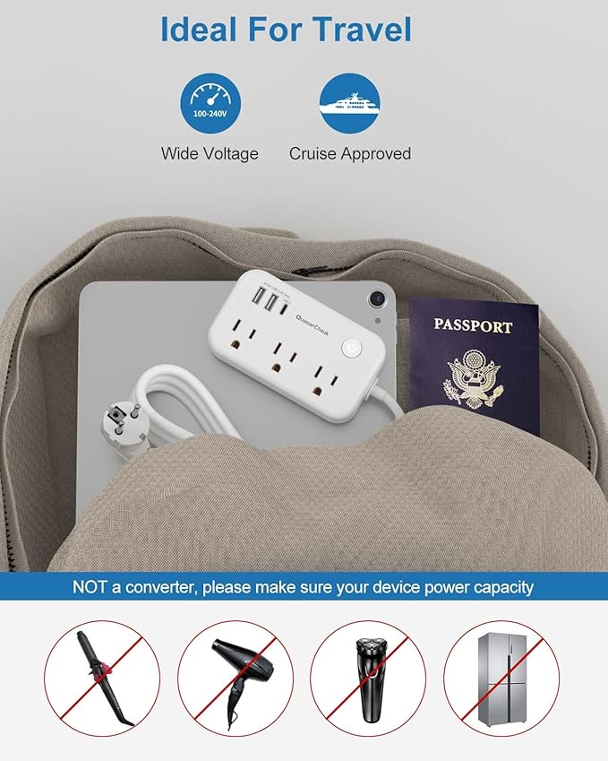 Type E F Plug Adapter, Germany France Travel Plug Adapter with 3 Outlets 3 USB Ports，Schuko Plug Power Adaptor for US to Europe EU Spain Iceland Korea Greece Norway Russia German French, 4ft