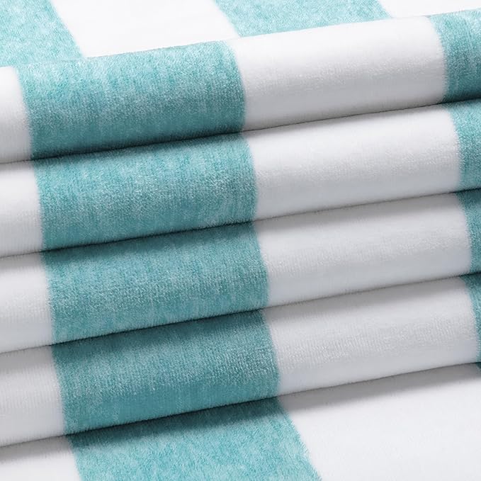 HENBAY Cotton Oversized Beach Towel - Large 70 x 35 Inch Pool Towel, Turquoise Striped Quick Dry Swimming Cabana Towel