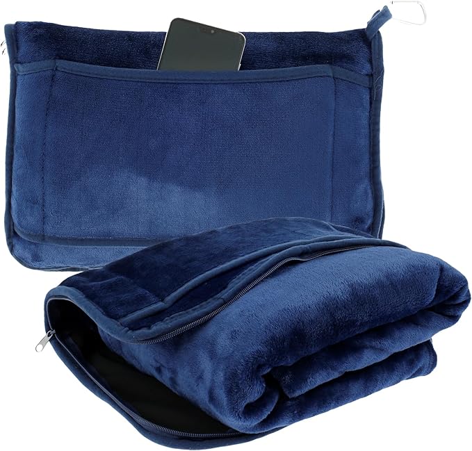 Travel Blanket, 2 in 1 Soft Flannel Airplane Blanket Warm Travel Blanket Pillow with Luggage Strap and Buckle, Portable Compact Flight Blanket for Cars Airplanes Camping 63x39 Inch (Navy)