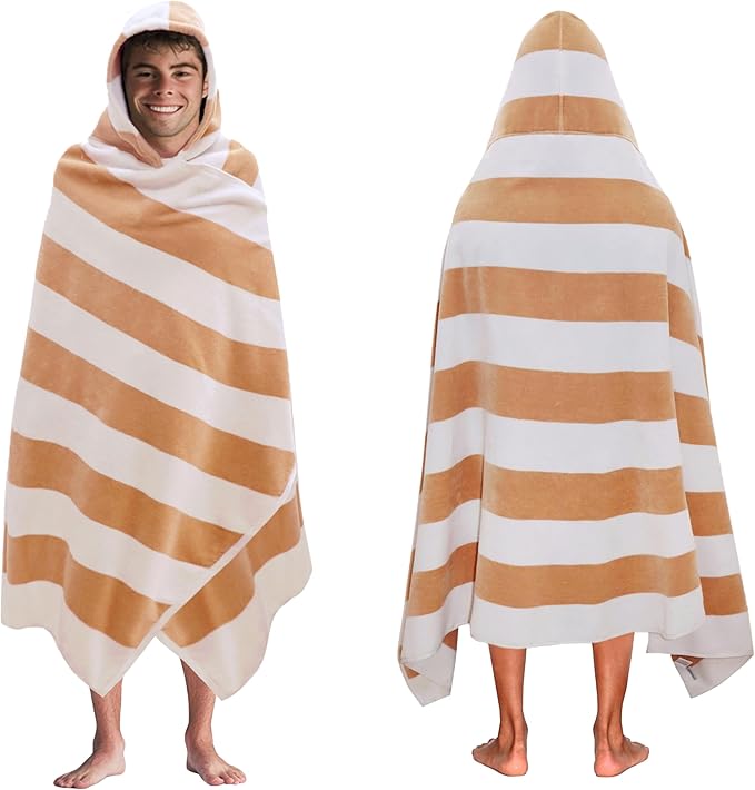 COTTON CRAFT Hooded Beach Towel – Oversized 39 x 68 Towel with Hood for Adults - 100% Ringspun Cotton Velour Terry Towel - 450 GSM Super Soft Plush Absorbent Quick Dry Bath Wrap – Cabana Stripe Linen
