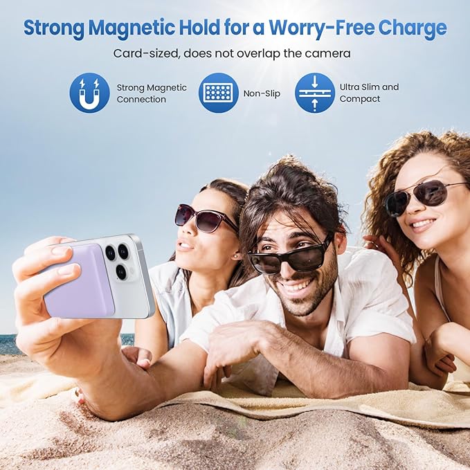 Magnetic Portable Charger Power Bank,Slim Wireless Portable Charger with LCD Display,PD Fast Charging USB-C Battery Pack Compatible with Magsafe,iPhone 16/16 Plus/15/14/13/12 (Purple, 5500mAh)