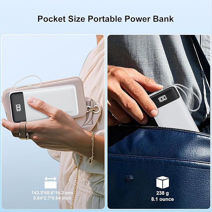 Portable Charger Built-in Cables,10000mAh Power Bank for iPhone,Fast Charge USB C Battery Pack Travel Essentials Slim Lightweight Powerbank Compatible with iPhone 17/16/15/14, Samsung, Android, etc