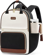 LOVEVOOK Laptop Backpack for Women with Giant Tumbler Holder Pocket, 18 inch Large Travel Work Backpack Purse for Teacher Nurse, Waterproof College Book Bag Cute Casual Daypack, Beige-Black-Brown