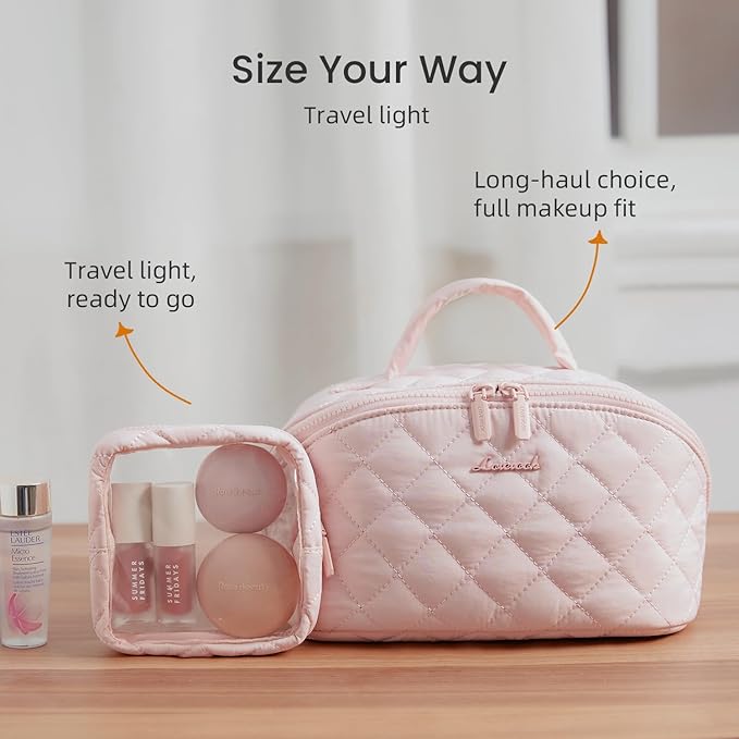 LOVEVOOK Travel Makeup Bag for Women, 2Pcs Puffer Waterproof Cosmetic Organizer, Large Capacity Pouch Open Flat Small Toiletry Bag with Brush Compartment & Handle (Purple, Medium)