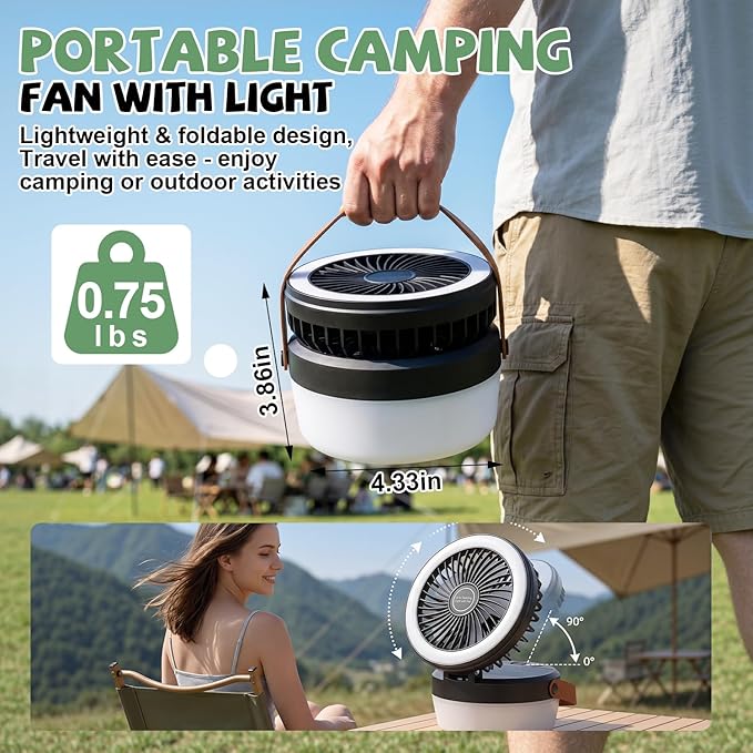 3-in-1 Camping Fan, Portable Solar Fan Rechargeable with LED Lantern, Battery Powered & Solar Camping Fan Light with Hanging Hook for Tent, 3 Speeds USB Fans for Camping Essentials, RV Travel, Outdoor