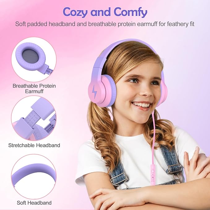 Candy Bila Kids Headphones, Wired Headphones for Kids Over Ear with Microphone, 85/94dB Volume Limiter Headphone for Girls Boys, Foldable Headphone for Learning & Entertainment, Gradient Red
