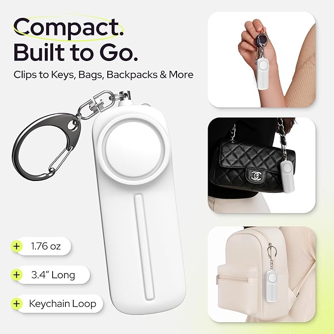 Weten Personal Safety Alarm Keychain - 130dB Siren, LED Light, Panic Pin – Compact Self-Defense Device and Emergency Whistle Alternative for Women, College, Travel, and Night Walk Protection (White)