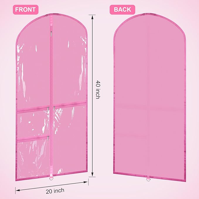 Woanger 6 Pcs Garment Bags for Dance Costumes Clear PVC with Zippers Garment Bag with Pockets Dance Costume Organizer Carrier for Storage Cover for Adult(Clear Pink,20'' X 40'')