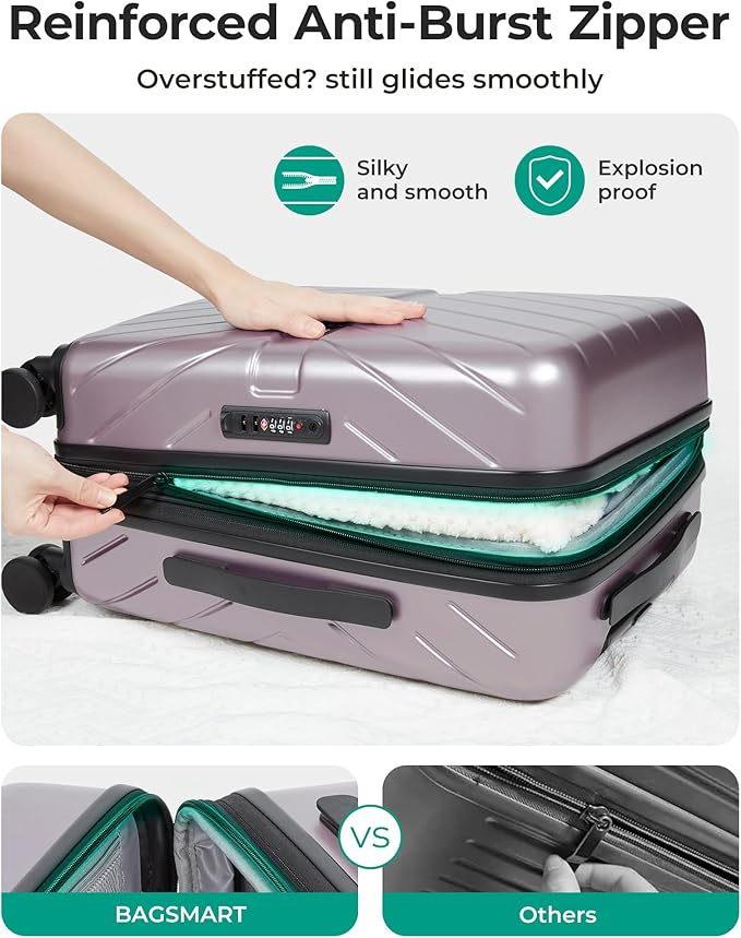 BAGSMART Carry on Luggage 22x14x9 Airline Approved with TSA Lock, 100% Polycarbonate Hardside Suitcase with Spinner Wheels, Rose Purple