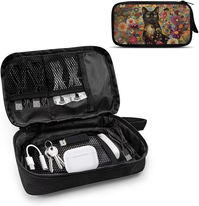 Black Cat Cable Organizer Bag Tech Pouch Portable Electronics Organizer Travel Case for Phone Power Bank SD Card Electronic Accessories Carry Case