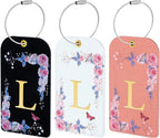 3 Pack Luxury Floral Luggage Tags, Durable PU Leather Suitcase Tags with Stainless Steel Cable Strap, Hidden ID Slot for Privacy Protection, Easy to Identify Waterproof Travel Accessories Gift (L)