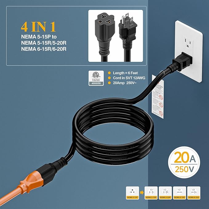 6-Feet NEMA 5-15P to 5-15R/ 5-20R/ 6-15R/ 6-20R AC Adapter, Plugrand 12AWG 15 Amp Household AC Plug to 20 Amp T Blade Adapter Cable, 15A 125V to 20A 250V Extension Cable