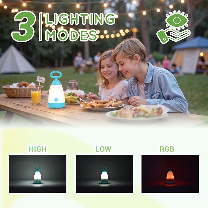 Kids Camping Lantern & Night Light Battery Powered (AAA Included), 360° Eye-Safe Light, IPX4 Waterproof with RGB Modes Portable for Outdoor, Emergency & Bedtime, Gift for Children (Blue)