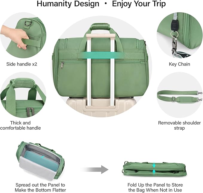 Hanke Large Capacity Travel Duffel Bag, Carry On Luggage with 12 Pockets, 17 Inch Laptop Compartment, Wet Dry Separation & Independent Shoe Bag, Foldable Duffel Bag for Women Men（Forest Green）
