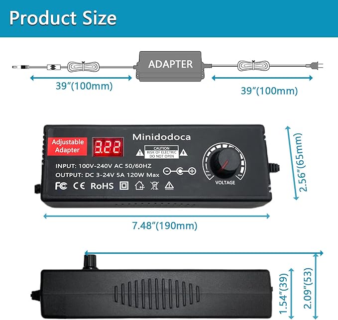 120W Power Supply Adjustable DC 3V ~ 24V Variable Universal Switching AC/DC Adapter Minidodoca AC to DC Converter with LED Voltage Display and 16 Tips, for 3V to 24V Household Electronics - 5000mA Max