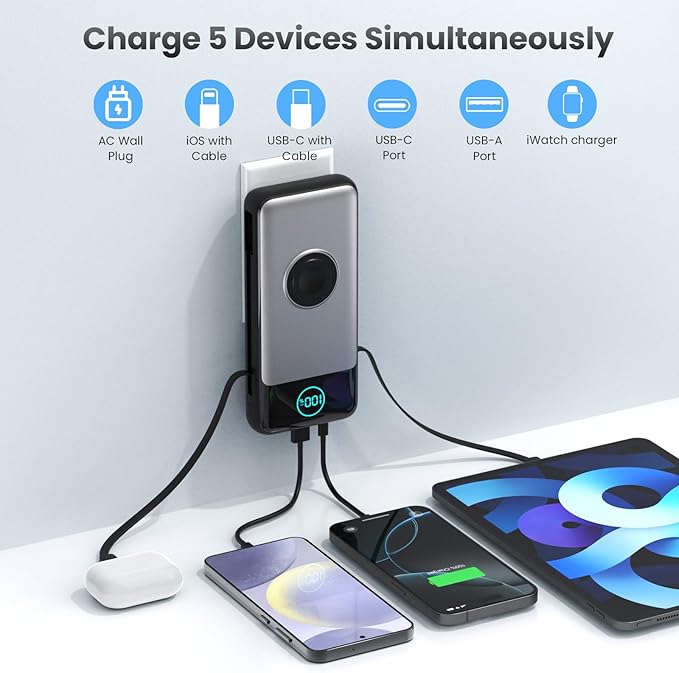 FOCHEW Portable Charger for iPhone with Built-in Cables and AC Wall Plug,26800mah Fast Charging USB C Power Bank,25W PD Travel Essential Battery Pack for iPhone 17/16/15/14/13/12,Galaxy,Apple Watch