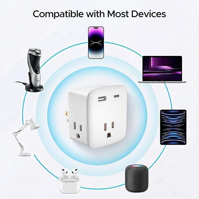 Cruise Ship Approved Outlet Extender, Non Surge Protector Power Strip with 3 AC Outlets & 2 USB (1 USB-C), Multi Plug Adapter, Travel Cruise Essentials, ETL Listed.