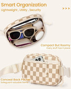 Vankor Brown and White Checkered Fanny Packs for Women Men Corduroy Cute, Checkered Crossbody Belt Bag for Women Men Stylish Waist Pack Purse for Travel, Hiking, Workout, Running