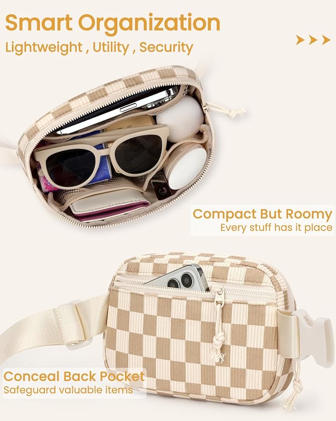 Vankor Brown and White Checkered Fanny Packs for Women Men Corduroy Cute, Checkered Crossbody Belt Bag for Women Men Stylish Waist Pack Purse for Travel, Hiking, Workout, Running
