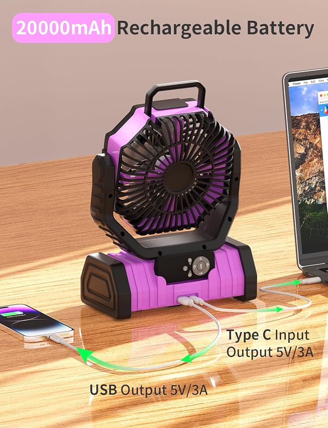 Battery Operated Portable Camping Fan Battery Powered Outdoor Tent Fan with LED Lantern Light 20000mAh Rechargeable, Oscillating, 360° Rotating Hanging Hook, Cordless USB Desk Fan(Pink)