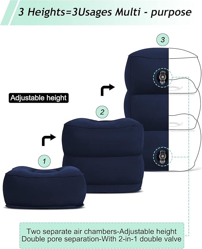 Inflatable Travel Foot Rest Pillow, Kids Airplane Bed, Adjustable 3 Layers Height Leg Rest Pillow, Adults Travel Essentials Great for Airplane, Office, Home, Trains, Cars (Blue)