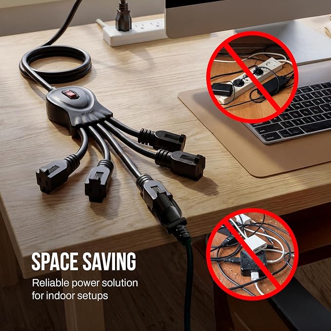 STANLEY PowerSquid 5 Outlet Multiplier Cord 3 Ft 125V/15A 1875W Power Cord Splitter 14/3 AWG Cable Extension Cord 3 Prong AC Black Power with Circuit Breaker for Monitor Computer TV Laptop