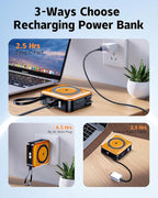 for Magsafe Portable Charger with Built-in Cables and AC Wall Plug, 10000mAh Magnetic Wireless Power Bank 22.5W Type-C in & Out Fast Charging Battery Pack for iPhone 17/16/15/14/13/12 Series, Orange