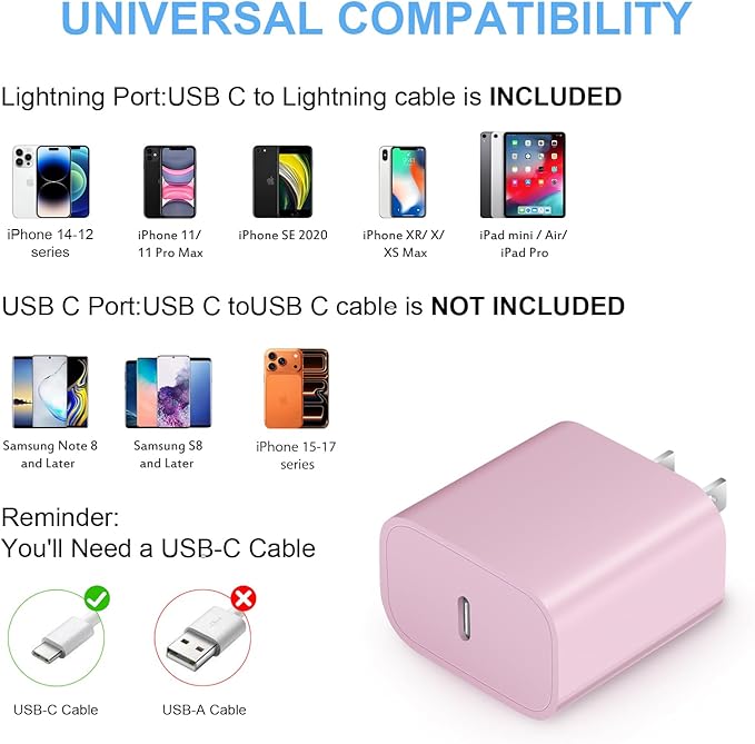 iPhone Fast Charger 3+3Pack 20W USB C Wall Charger with 10FT Fast Charging Cable Compatible with iPhone 14/13/12/11/Pro/Pro Max-Pink