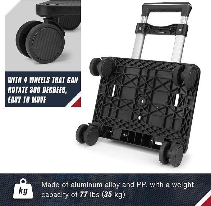 Zoofen Folding Hand Truck Lightweight Luggage Cart with 4 Wheels Compact Trolly Cart with 2 Elastic Ropes for Luggage,Backpack, Bags, Travel and Office Use(24 * 31cm)