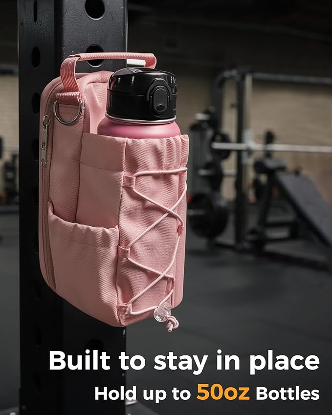 Magnetic Gym Bag for Men Women-Water Bottle Carrier Holder with Strap & Phone Pockets for 40oz Tumbler with Handle, 4 Built-in Magnets Small Gym Bag for Sports, (Pink)
