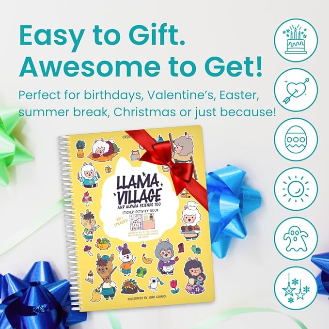 Llama Village 300+ Kids Sticker Book by Cupkin Toddler Airplane Travel Activity Coloring and Sticker Book, Road Trip Essentials, 12 Coloring Pages 12 Scenes for Ages 2–8 Years