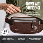 VENTURE 4TH Money Belt for Travel – Slim Hidden Under-Clothes RFID Blocking Anti-Theft Passport Holder & Travel Wallet Pouch for Men & Women to Protect Cash, Cards & Documents (Brown)