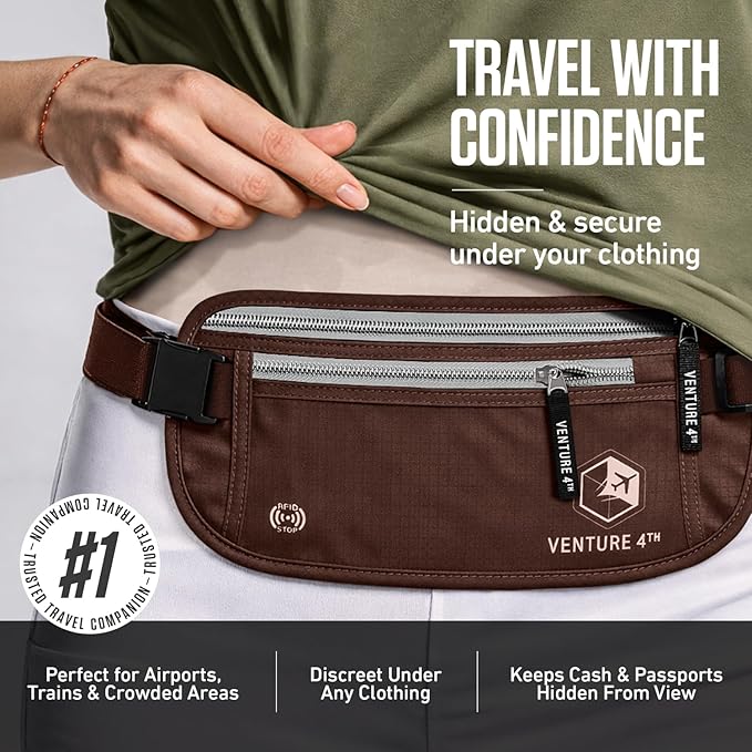VENTURE 4TH RFID Money Belt for Travel with RFID Blocking Sleeves – Slim Hidden Travel Wallet & Passport Holder for Men & Women, Lightweight Anti-Theft Pouch to Protect Cash, Cards & Documents - Brown