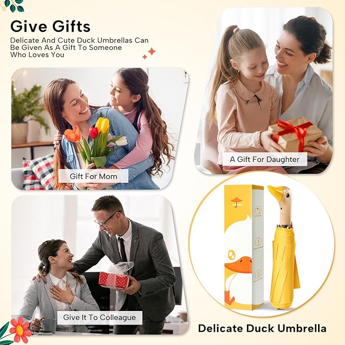Compact Small Umbrellas for Rain&Sun, Cute Design Duck Head Umbrella for Girls Gifts, 8 Ribs Folding Umbrella with Wooden Handle