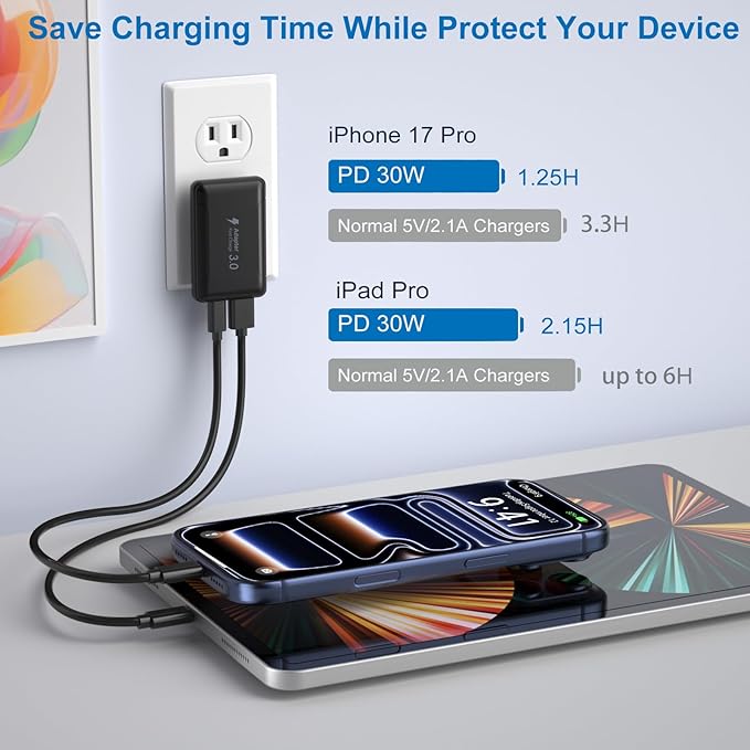 Flat USB C Wall Charger, Costyle 2 Pack 50W Slim USB A and USB C Power Adapter Plug PD+QC 3.0 Fast Charging Block with Foldable Outlet Plug for Galaxy A16 A14 A03S A05,iPhone 16 15(Black)