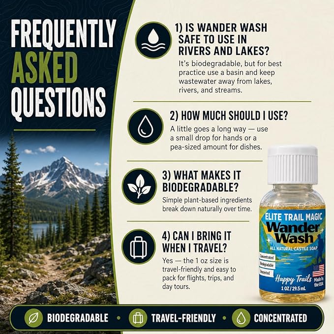 Elite Trail Magic- Wander Wash Biodegradable Castile Camp Soap – Ultralight 1 oz Concentrated Liquid Soap for Camping- Dish Wash Station-Travel & Backpacking – All Purpose, Unscented