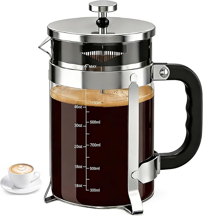 QUQIYSO French Press Coffee Maker, Large French Press with Thick Borosilicate Glass, 304 Stainless Steel Filter, Teapot & Coffee Maker for Home, Office, Party, 51oz, Silver