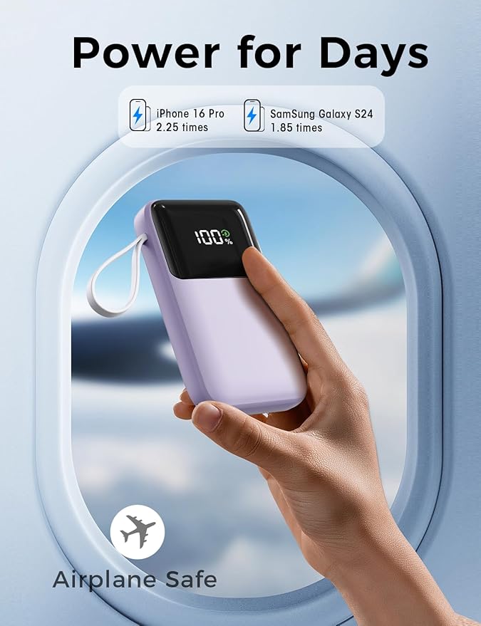 Power Bank, 15000mAh Portable Charger with Built in Cable, 22.5W Fast Charging, 6 Outputs, Slim Travel Essential Battery Pack with LED Display, Compatible with iPhone 17/16/15/14/13, iPad Purple