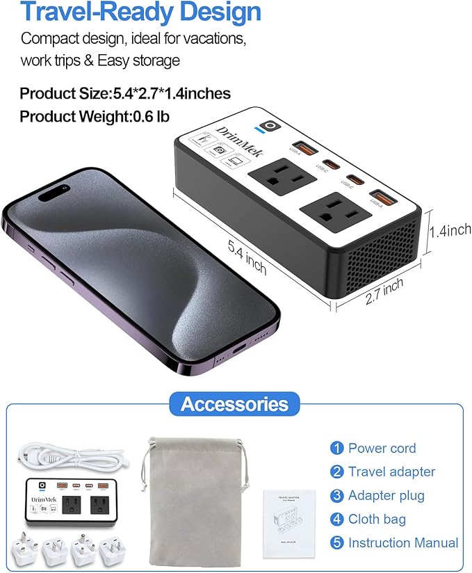 200W Voltage Converter US to Europe, Step Down Travel Power Adapter with 4 USB Ports, 2 AC Outlets for Curling Iron Hair Straightener Laptop, EU UK AU Plug, for Cruise Ship Travel