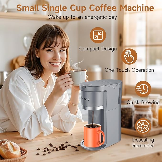 Horavie Small Single Serve Coffee Maker, 2 in 1 Fast Brew One Cup Coffee Machine, 6 to 12 oz. Brew Sizes, Capsule Coffee Machine with Descaling Reminder, Fits 5.5" Mug, Grey