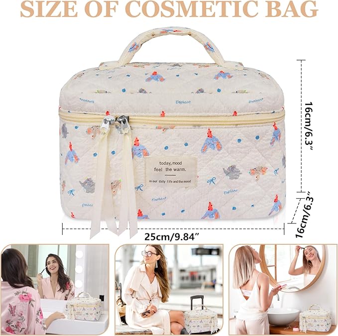 Gosect Large Makeup Bag, Cute Cosmetic Bag for Women Girls, Floral Coquette Aesthetic Toiletry Bag, Travel Make Up Organizer Bag (Small Elephant)