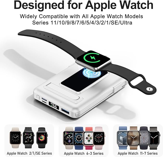 Magnetic Portable Charger, 10000mAh Wireless Power Bank for iPhone with Built-in Cables, 20W Fast Charging for Magsafe Battery Pack with Stand for iPhone Air/17/16/15/14/13/12 and Apple Watch