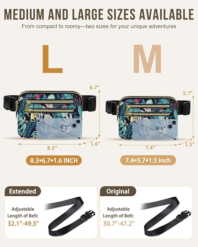 Capolo Fanny Packs for Women Fashion Waist Packs Bag with Adjustable Strap and 4 Zipper Pockets Waterproof Everywhere Crossbody Belt Bag for Workout Running Travelling(Blue Leaves, Large)