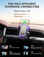 Wireless Car Charger, 15W Fast Charging Auto Clamping Car Charger Cell Phone Holder Mount Vent for iPhone 15 14 13 12 Mini Pro Max, Samsung Galaxy S24 Ultra S23 S22 S21+ Note 20, etc - Purple