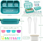 QQKO Bento Box for Kids Adults, School Toddler Lunch Box for Boys Girls, Lunch Box Containers with 4 Compartments, Sauce Container, Utensils, Food Picks and Muffin Cups for School, Green
