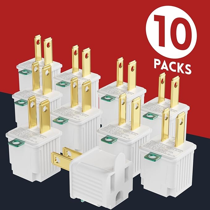 PLUGTUL 2 Prong to 3 Prong Outlet Adapter, Polarized Grounded Outlet Converter, Wall Outlet Plug for Household, Workshops, ETL Listed, 10-Pack, White